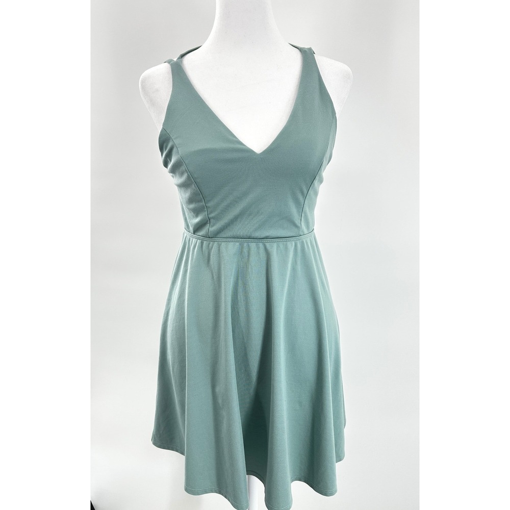 Sage Green Strappy Back Skater Dress Soft Stretch Minimal A-Line M - Picture 2 of 9